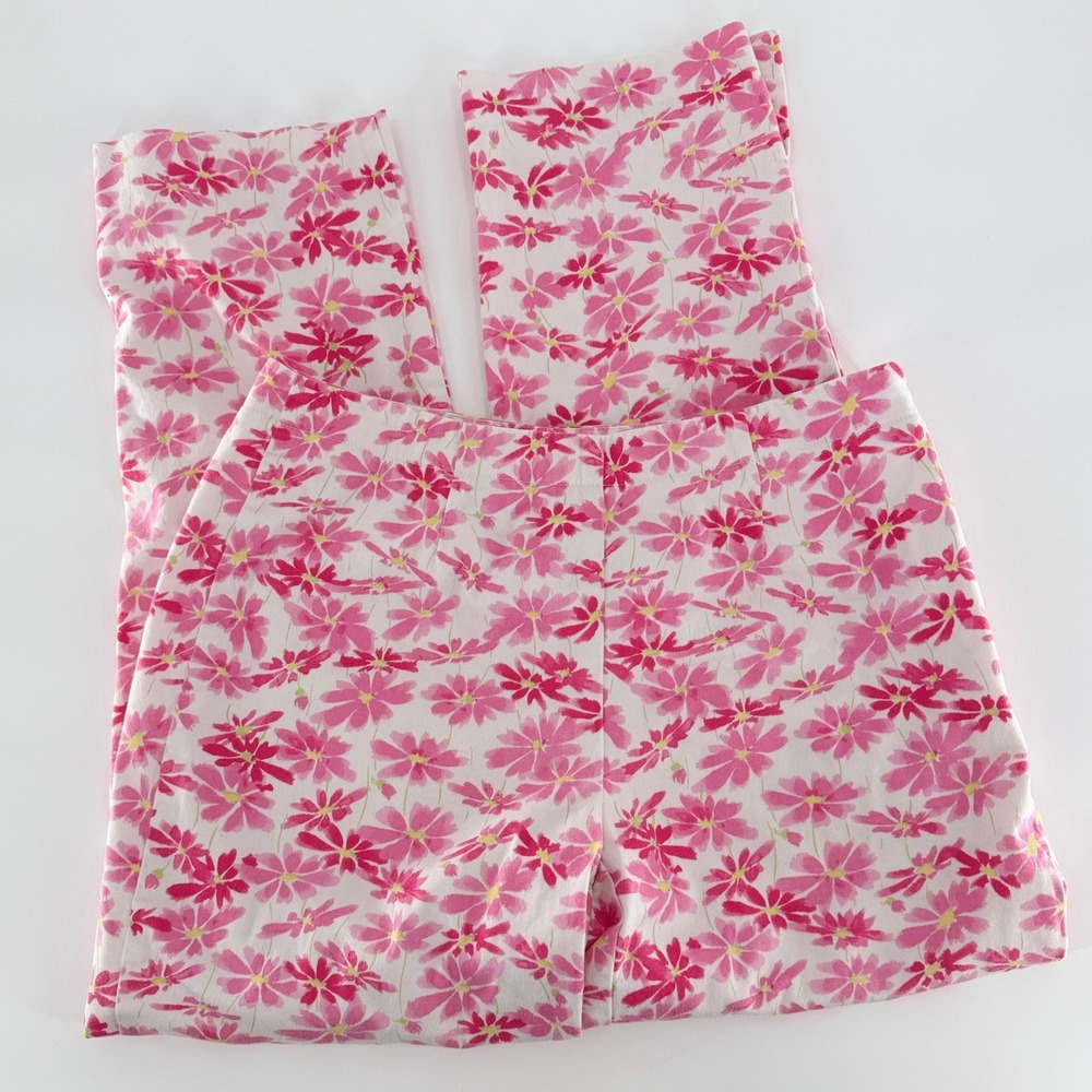 LIZ CLAIBORNE Michaela Floral Pants Pink White Daisy Print Side Zip Crop Trouser